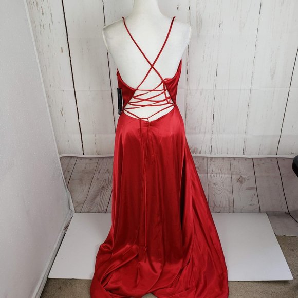 New Aqua Plunging Lace Back Evening Gown Prom - Picture 5 of 8